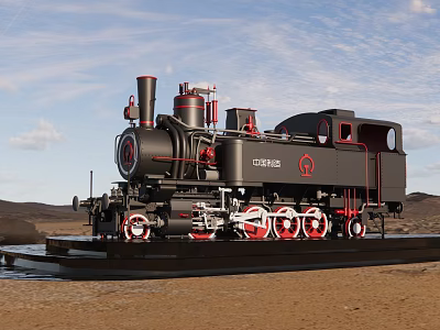 Vintage Black Steam Train With Red Wheels On Outdoor Display Platform 3d model