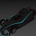 Sleek black racing car with blue neon lines showcases futuristic streamlined design
