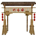 Bamboo Entrance Gate With Hanging Lanterns Green Plants And Wet Pathway In Garden