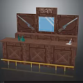 Pixel Art Bar Setup Featuring Wooden Counter Hanging Guns Green Bottles And Yellow Railings