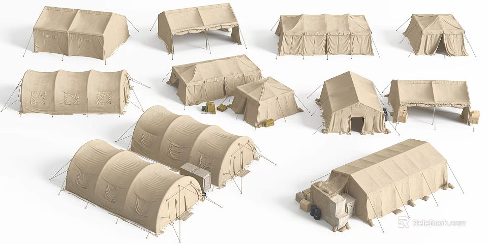Various Khaki Military Style Tents With Different Structures And Camping Gear 3d model 