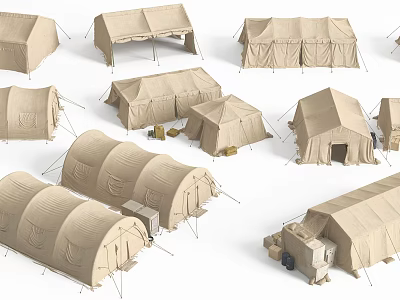 Various Khaki Military Style Tents With Different Structures And Camping Gear 3d model
