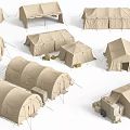 Various Khaki Military Style Tents With Different Structures And Camping Gear