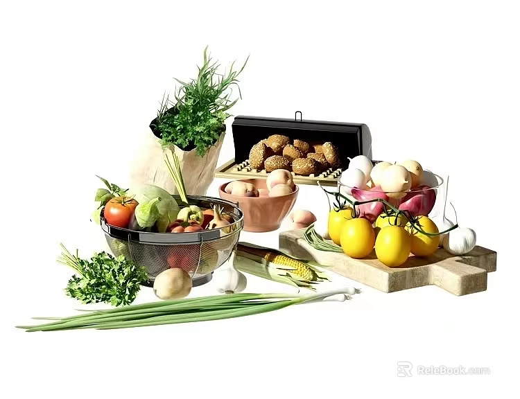 Fresh Assorted Vegetables Tomatoes Lettuce Mushrooms And Lemons On Glass Bowl And Wooden Tray 3d model 