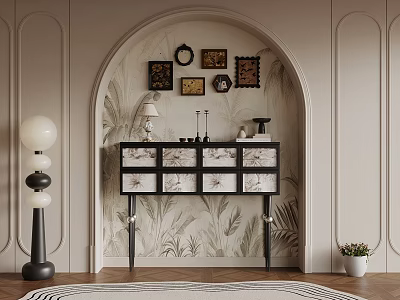 Stylish Interior Decor With Arched Niche Decorative Paintings Patterned Wallpaper Console Table And Floor Lamp 3d model