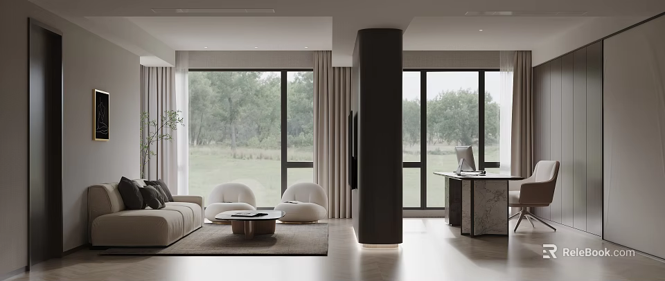 Modern Living Room With Beige Sofa Round Coffee Table Large Windows Curtains And Black Column 3d model 