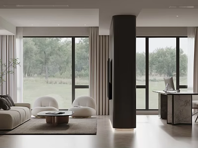 Modern Living Room With Beige Sofa Round Coffee Table Large Windows Curtains And Black Column 3d model