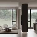 Modern Living Room With Beige Sofa Round Coffee Table Large Windows Curtains And Black Column