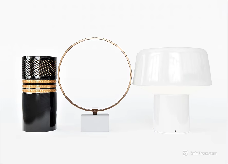 Modern Table Lamps With Black Gold Accents Circular Frame And White Shade 3d model 