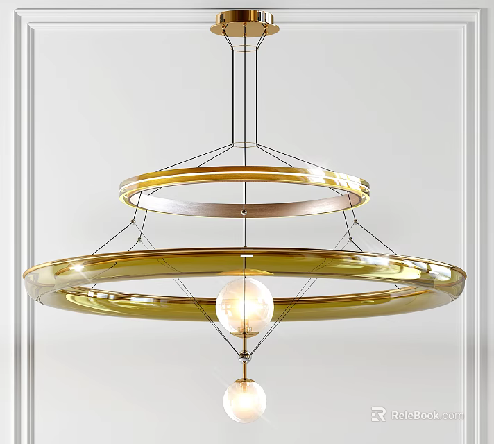 Golden Multi Layered Circular Ring Chandelier With Modern Design And Glass Spheres 3d model 