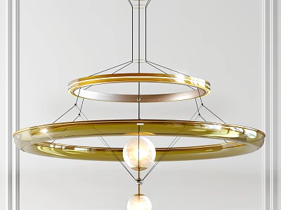 Golden Multi Layered Circular Ring Chandelier With Modern Design And Glass Spheres 3d model
