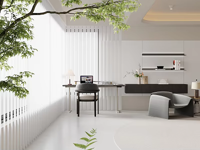 Cozy Home Balcony with White Blinds Green Plants Work Desk and Natural Light 3d model