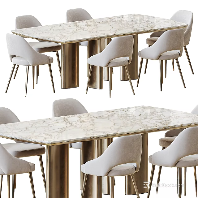 Elegant Modern Table and Chair Set with Marble Tabletop Light Grey Fabric Chairs Metal Legs Design 3d model 