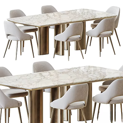 Elegant Modern Table and Chair Set with Marble Tabletop Light Grey Fabric Chairs Metal Legs Design 3d model