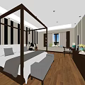 Modern Hotel Guest Room with Four Poster Bed Wooden Flooring Laptop Cello and Decor