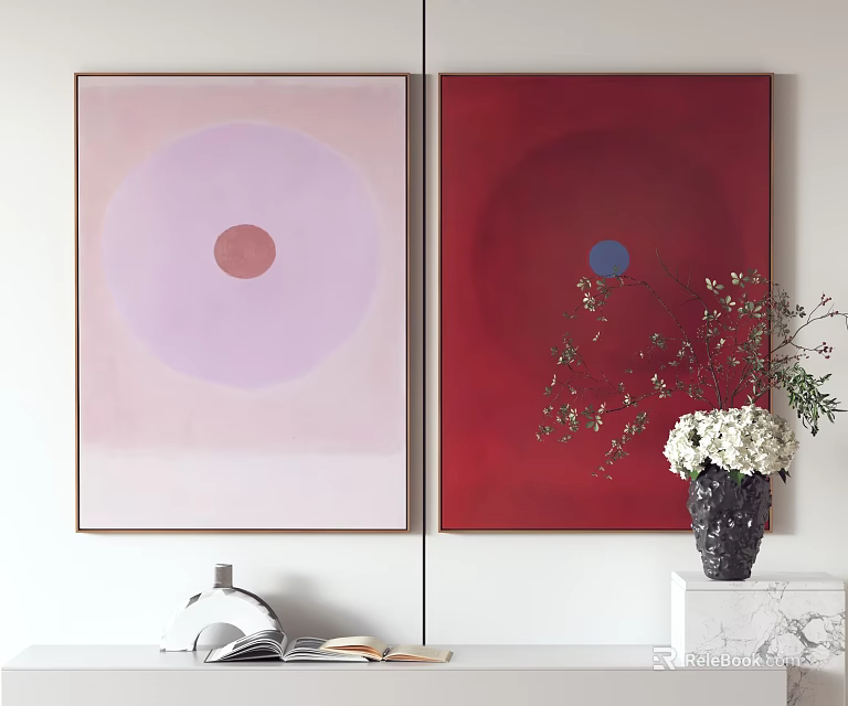 Interior Design With Two Abstract Circle Paintings And Flower Vase 3d model