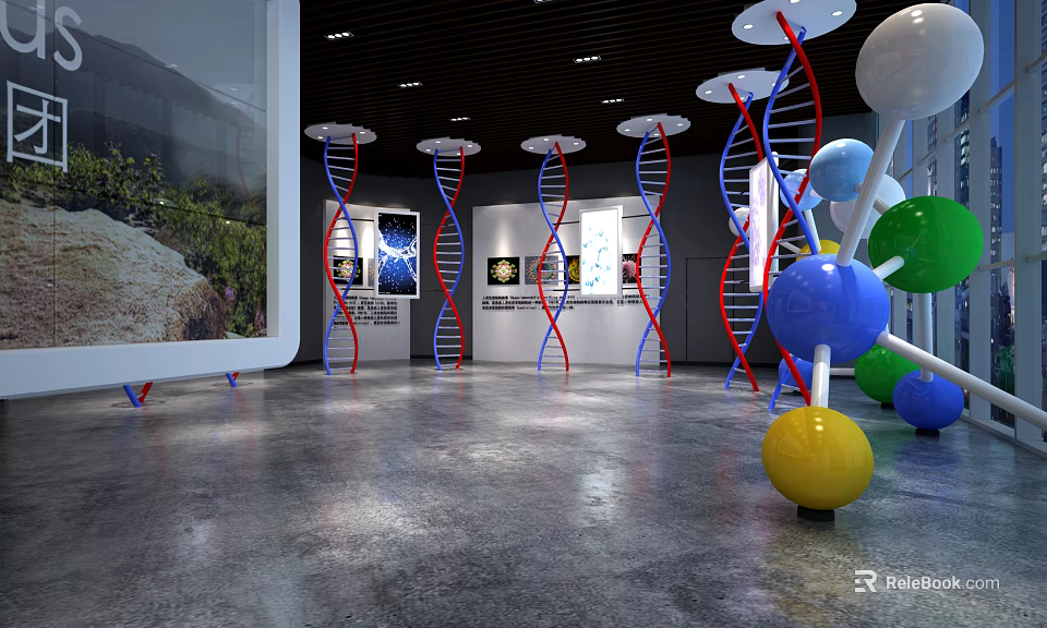 Modern Science Exhibition Space Featuring DNA Helix And Colorful Sphere Models 3d model 