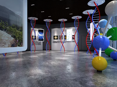 Modern Science Exhibition Space Featuring DNA Helix And Colorful Sphere Models 3d model