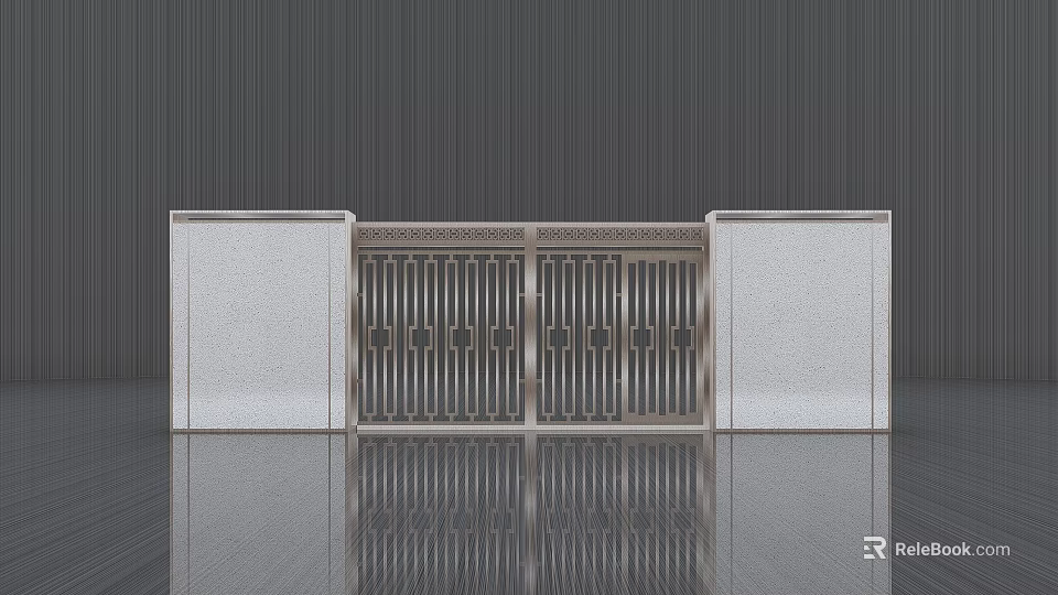 Sturdy Entrance Gate Components With White Pillars And Metal Grilles 3d model 