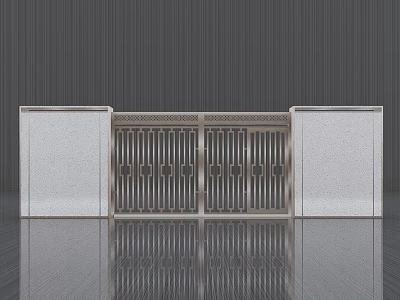 Sturdy Entrance Gate Components With White Pillars And Metal Grilles 3d model