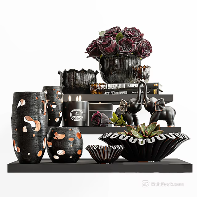 Black Decorative Ornament Set With Patterned Vases Candles Elephant Figurines Succulents And Stacked Books 3d model 