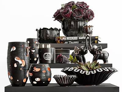 Black Decorative Ornament Set With Patterned Vases Candles Elephant Figurines Succulents And Stacked Books 3d model