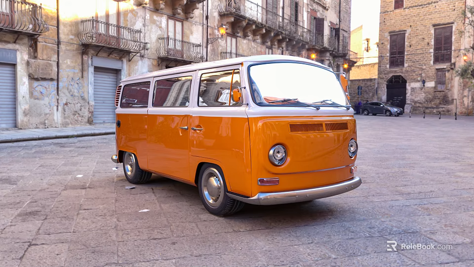 Orange Vintage Volkswagen Van Parked On Stone Pavement In Historic Town Square 3d model 