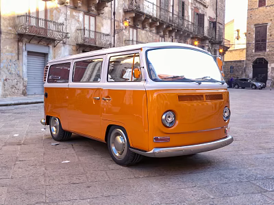 Orange Vintage Volkswagen Van Parked On Stone Pavement In Historic Town Square 3d model