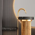 Modern Washbasin Design With Round Gold Frame Mirror Wooden Base And Black Countertop