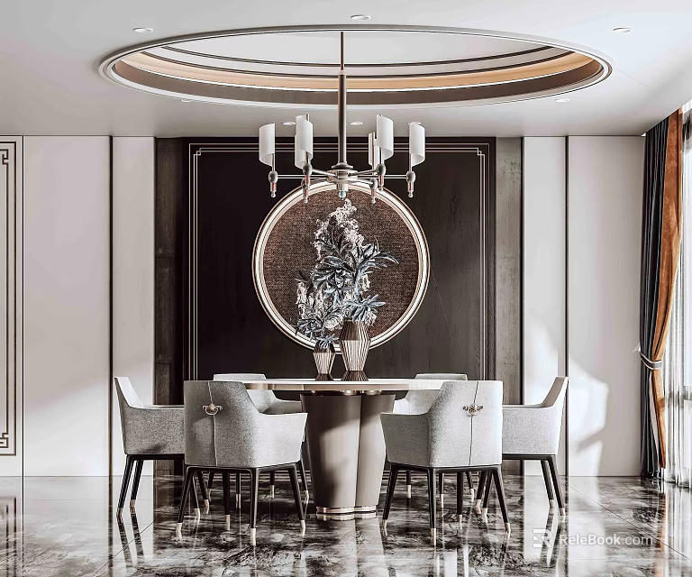 Modern Luxury Restaurant Interior With Round Dining Table Chandelier Gray Chairs And Decorative Painting 3d model 