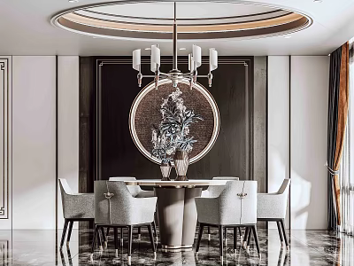 Modern Luxury Restaurant Interior With Round Dining Table Chandelier Gray Chairs And Decorative Painting 3d model