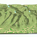 Scenic Green Mountain Landscape With Contour Lines And Blue Water Bodies