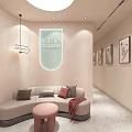 Elegant Beauty Hair Salon Interior With Reception Counter Round Mirror Sofa And Product Shelves