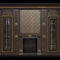 Luxurious Dark Wood Decorative Cabinet Featuring Gold Accents Glass Doors Checkerboard Panel And Ornate Carvings