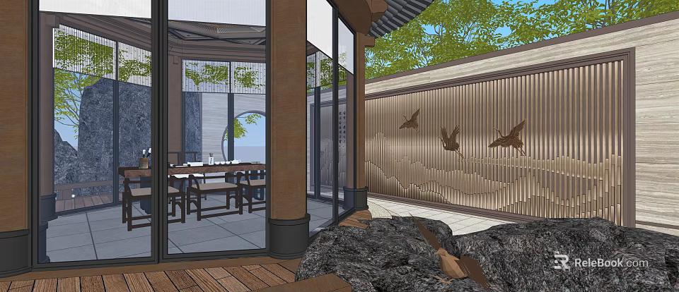 Chinese Style Outdoor Courtyard With Glass Doors Stone Wall Bird Decorations And Wooden Furniture 3d model 