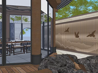 Chinese Style Outdoor Courtyard With Glass Doors Stone Wall Bird Decorations And Wooden Furniture 3d model