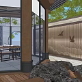 Chinese Style Outdoor Courtyard With Glass Doors Stone Wall Bird Decorations And Wooden Furniture