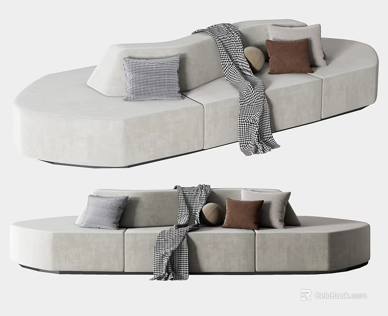 Curved Modern Sectional Sofa With Light Beige Upholstery Decorative Pillows And Plaid Throw 3d model 