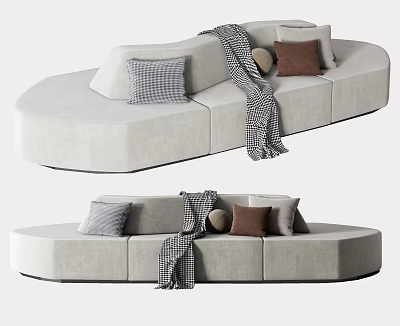 Curved Modern Sectional Sofa With Light Beige Upholstery Decorative Pillows And Plaid Throw 3d model