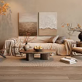 Cozy Sofa and Wooden Coffee Table Set with Cushions Blanket Plants Paintings and Rattan Chairs