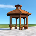 Wooden Gazebo With Orange Roof Hexagonal Design Benches Grass Field And Paved Ground