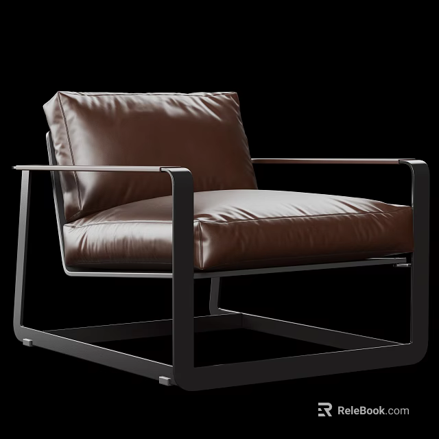 Modern Minimalist Brown Single Leather Sofa With Black Metal Frame for Living Room 3d model 