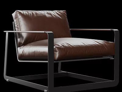 Modern Minimalist Brown Single Leather Sofa With Black Metal Frame for Living Room 3d model