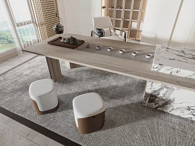 Modern Tea Table with Upholstered Stools in Bright Room with Scenic Window View 3d model