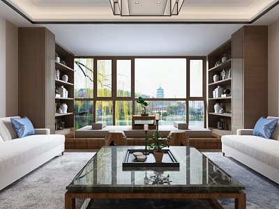 Modern Living Room Interior With White Sofa Glass Coffee Table Bookshelves And Large Windows 3d model