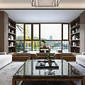 Modern Living Room Interior With White Sofa Glass Coffee Table Bookshelves And Large Windows