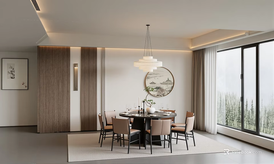 Modern Restaurant Interior With Round Dining Table Chandelier Decorative Painting Windows And Area Rug 3d model 