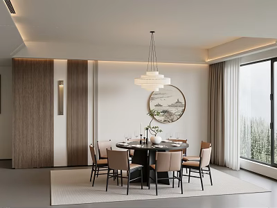 Modern Restaurant Interior With Round Dining Table Chandelier Decorative Painting Windows And Area Rug 3d model