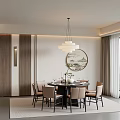 Modern Restaurant Interior With Round Dining Table Chandelier Decorative Painting Windows And Area Rug