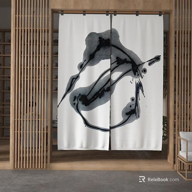 White Curtain With Abstract Black Ink Pattern For Zen Interior Decor 3d model